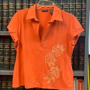 New York & Company Orange Collared Polo Golf Top L